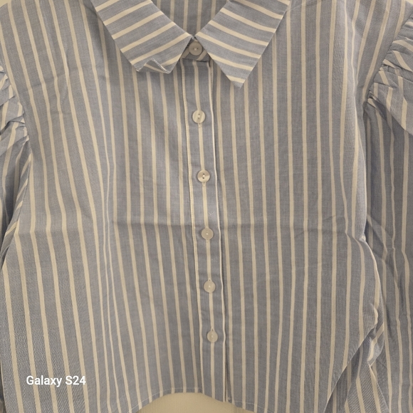Blue&White Striped Croped Button Up Puff Sleeve 100% Cotton Blouse SZ XL - Picture 5 of 11